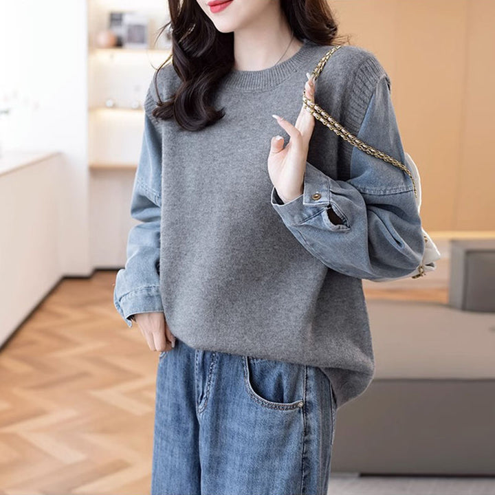 Damen Strickpullover mit Denim-Ärmeln Drune