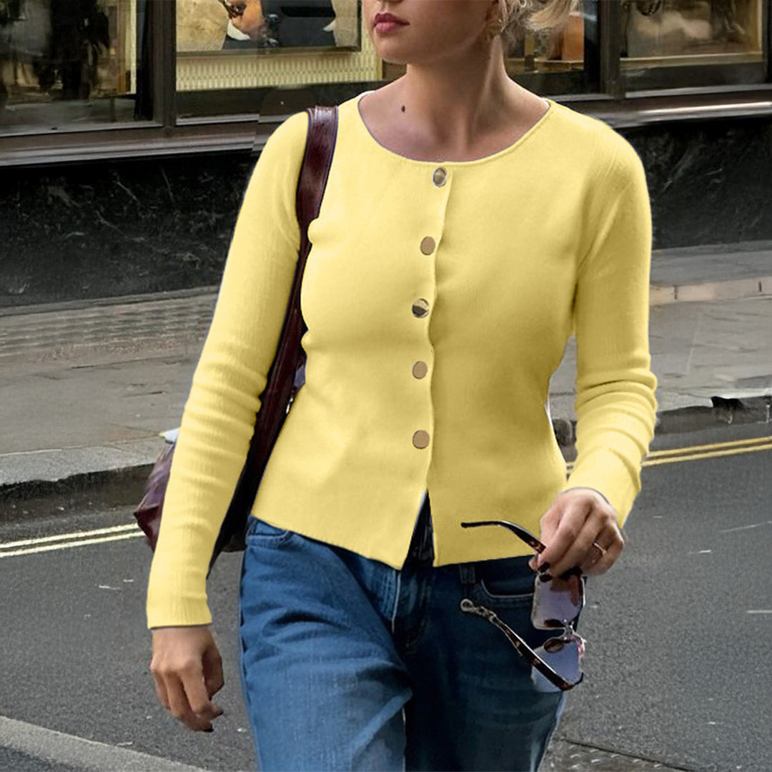 Damen nan taillierter Feinstrick-Cardigan mit asymmetrischer Goldknopf-Leiste und Frontschlitz Drune
