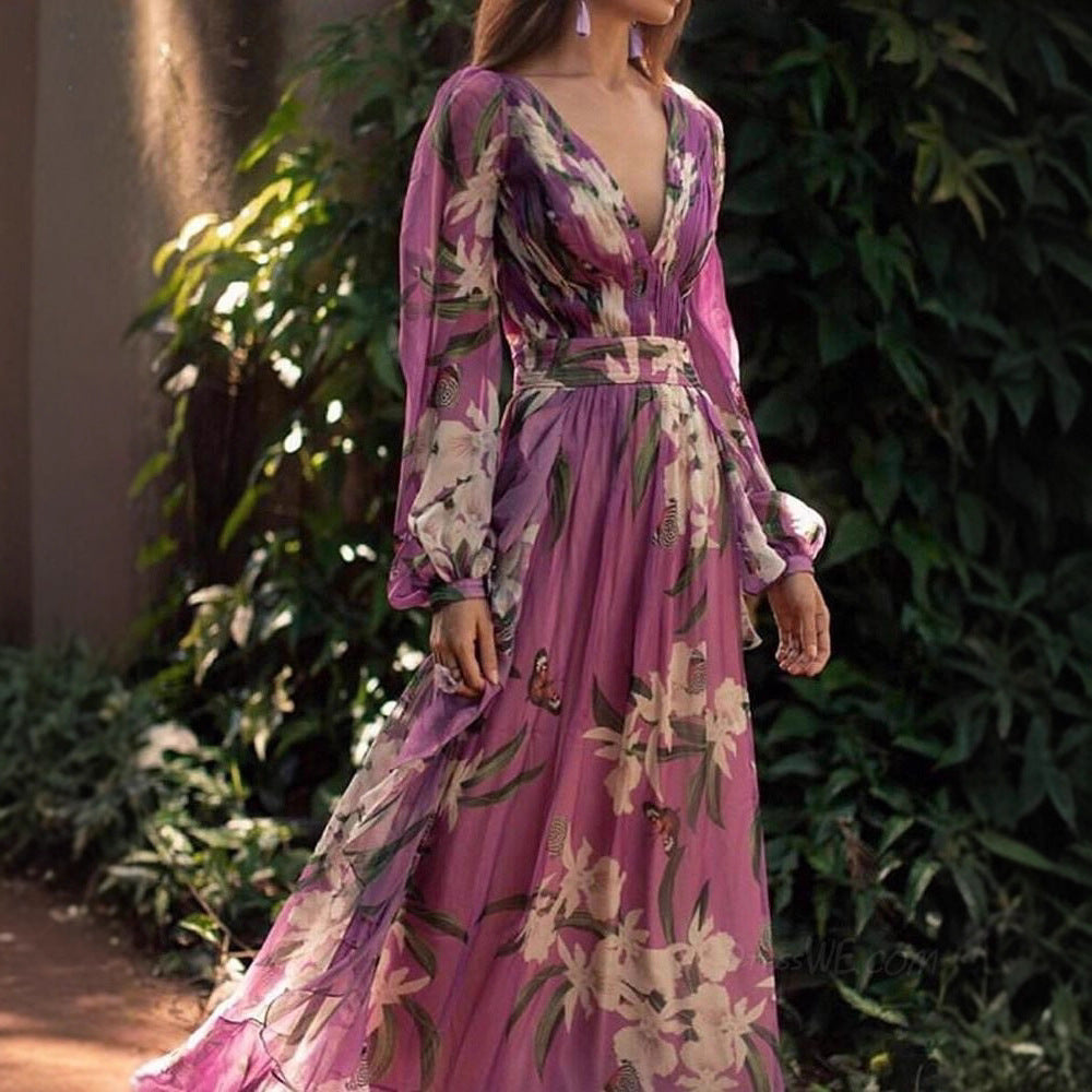 Damen Maxi-Kleid mit floralem Muster und voluminösen Ärmeln Drune