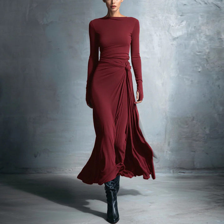 Damen elegantes Abendkleid mit langem Arm und Wickeldesign Drune