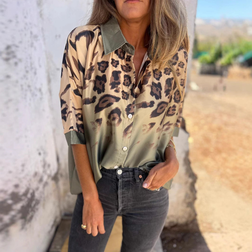 Damen elegante Seidenbluse mit zeitgemäßem Leo-Muster Drune