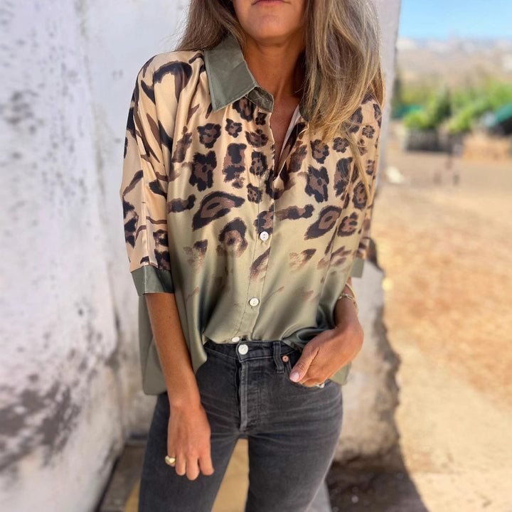 Damen elegante Seidenbluse mit zeitgemäßem Leo-Muster Drune