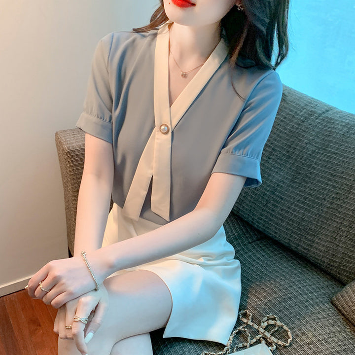 Damen Bluse mit eleganter Knopf- und Wellenkragen-Design Drune
