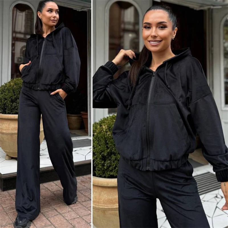 Damen Sportlicher Velours-Jogginganzug mit Kapuze und Komfort-Taille Drune