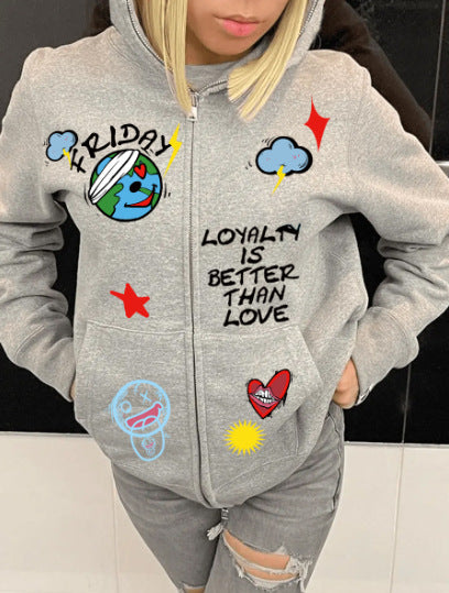 Damen Kapuzenjacke mit buntem Grafikdesign und trendigen Applikationen Drune