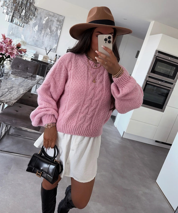 Damen Grobstrickpullover mit voluminösen Ärmeln und Zopfmuster Drune