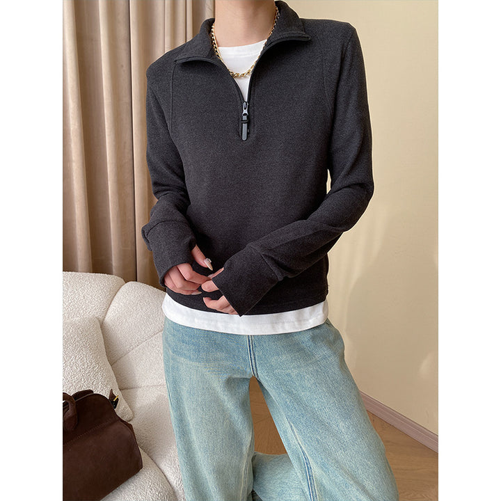 Damen langärmeliger Quarter-Zip Pullover mit hoher Passform und elastischen Bündchen Drune