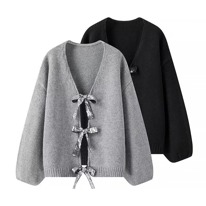 Damen Modischer Strickcardigan mit glamourösen Schleifen Drune
