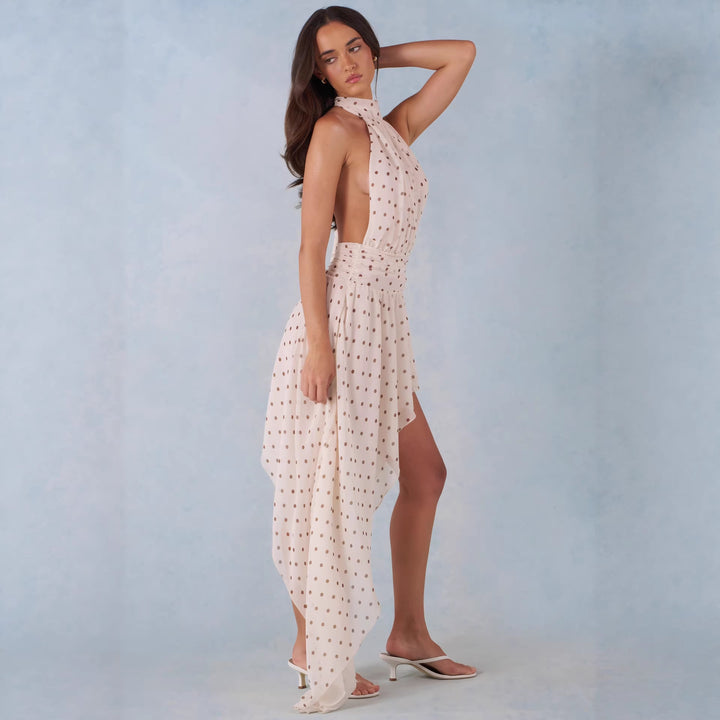 Damen Hochgeschlossenes Minikleid mit asymmetrischem Rock und fließendem Stoff Drune