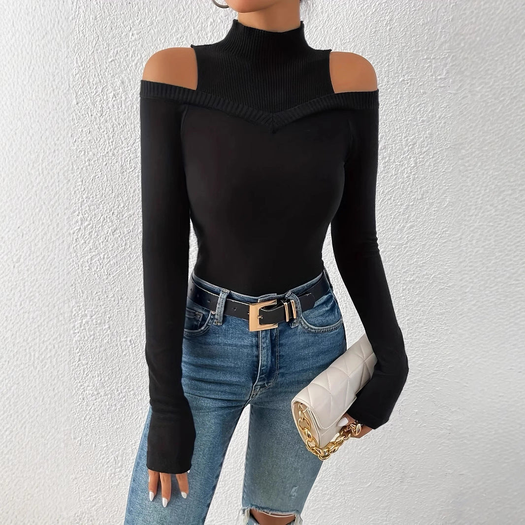 Damen modisches Langarm-Oberteil mit Cut-Outs und hohem Kragen Drune