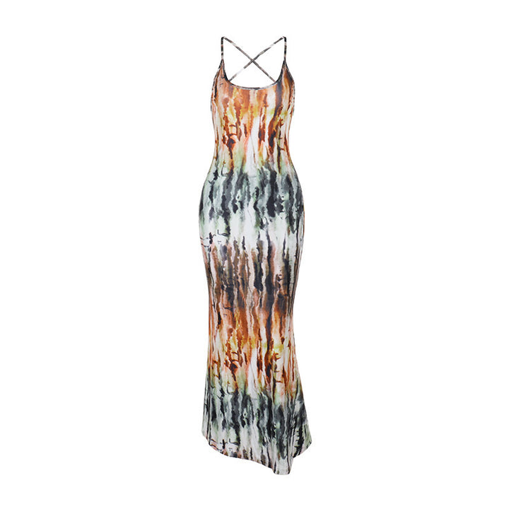 Damen Maxi-Kleid mit modischem Batikdesign und schulterfreien Trägern Drune