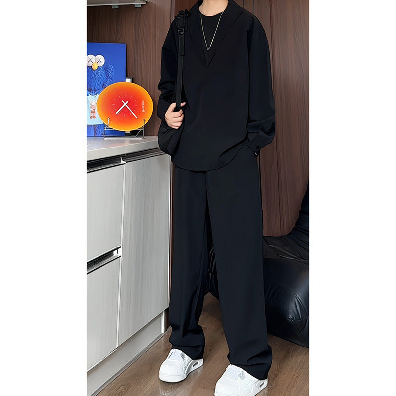 Herren nan locker geschnittenes zweiteiliges Freizeitset mit tiefem V-Ausschnitt Overshirt und weitem Bundfaltenhose Drune