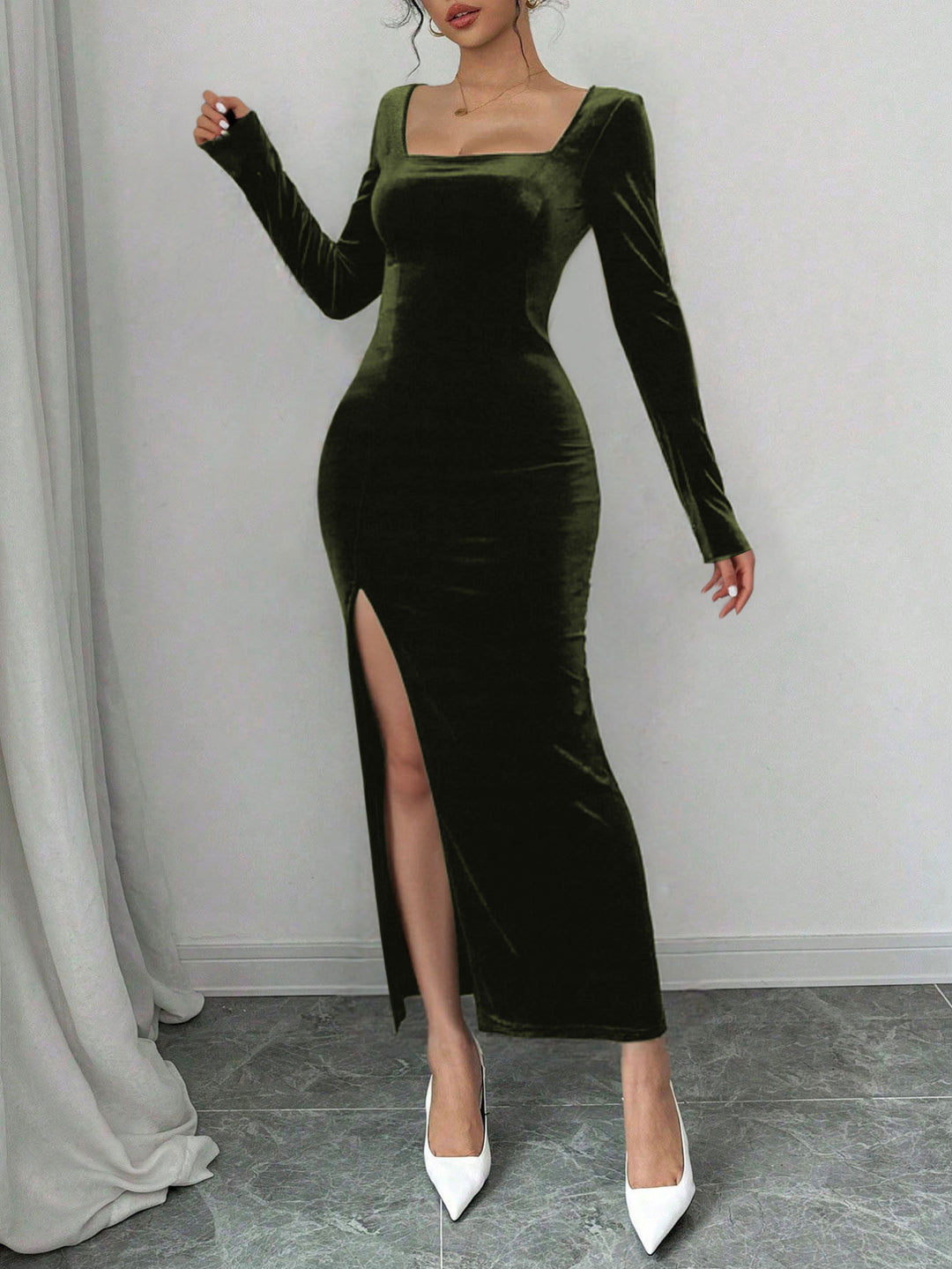 Damen Samt Maxikleid mit tiefem V-Ausschnitt und elegantem Schlitz Drune