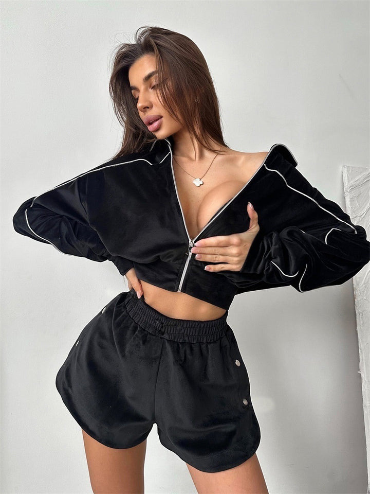 Damen nan kurzes Velours-Lounge-Set mit Cropped Zip-Hoodie und elastischer Highwaist-Shorts Drune