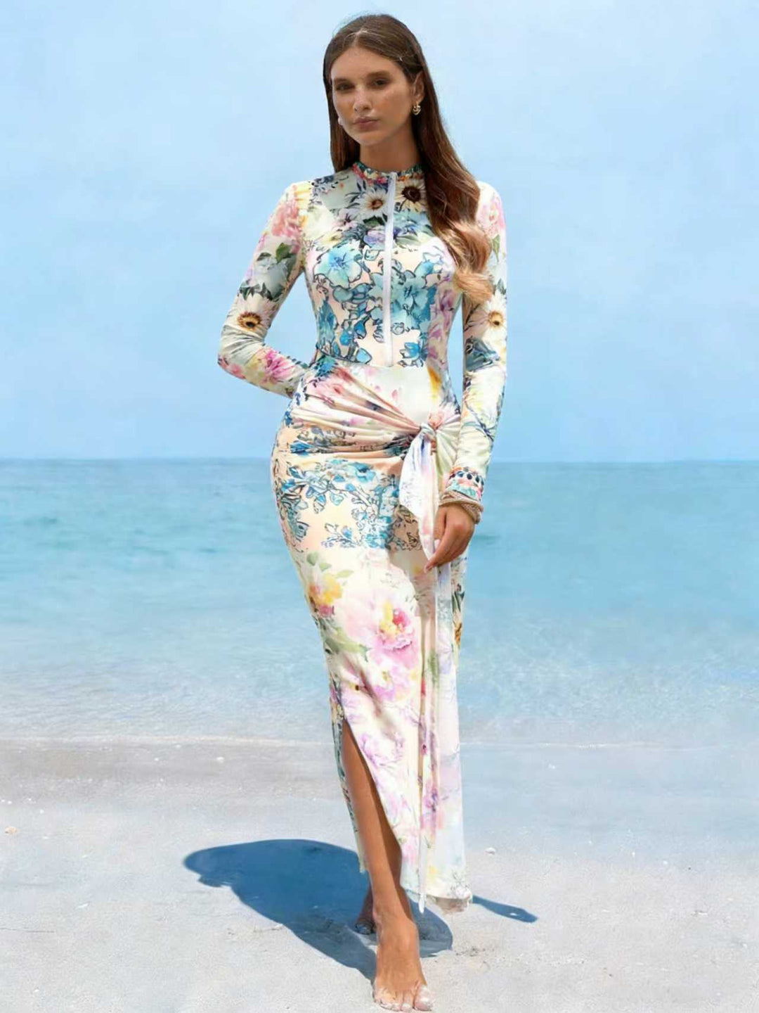 Damen Elegantes Langarm-Strandkleid mit floralem Design Drune
