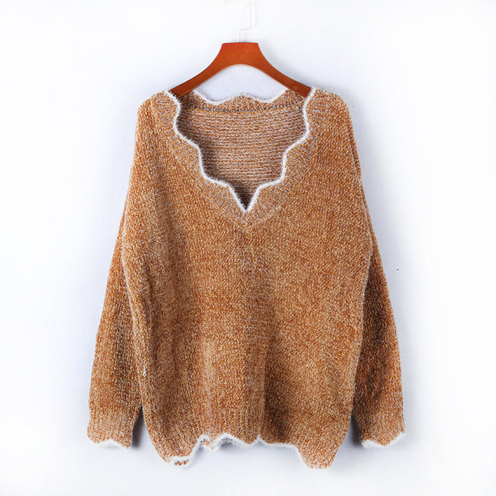 Damen lässiger Strickpullover mit weitem V-Ausschnitt und asymmetrischem Saum Drune