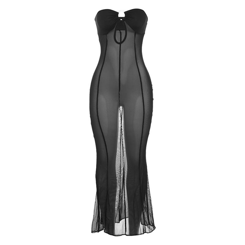 Damen Transparente Maxikleid mit verspieltem Schleifendesign Drune