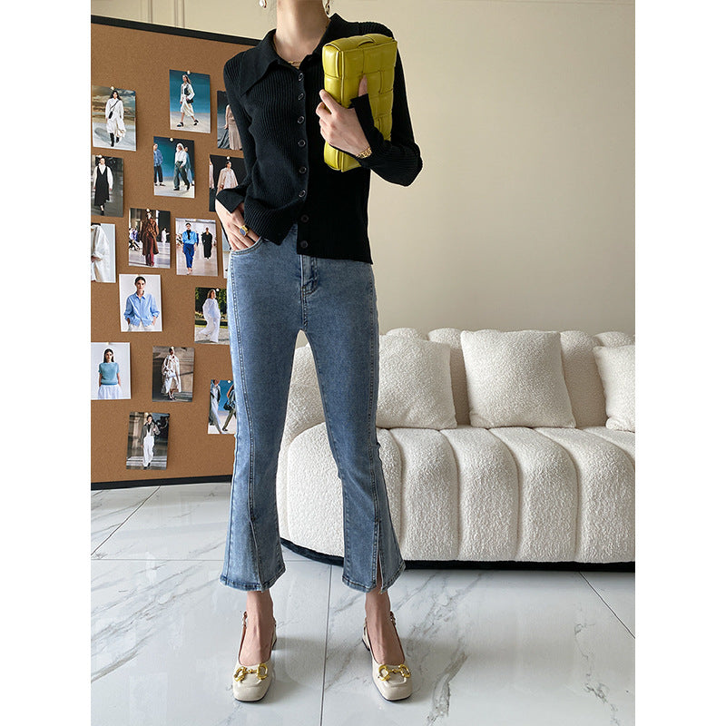 Damen Elegantes Strickoberteil mit großem Kragen Drune