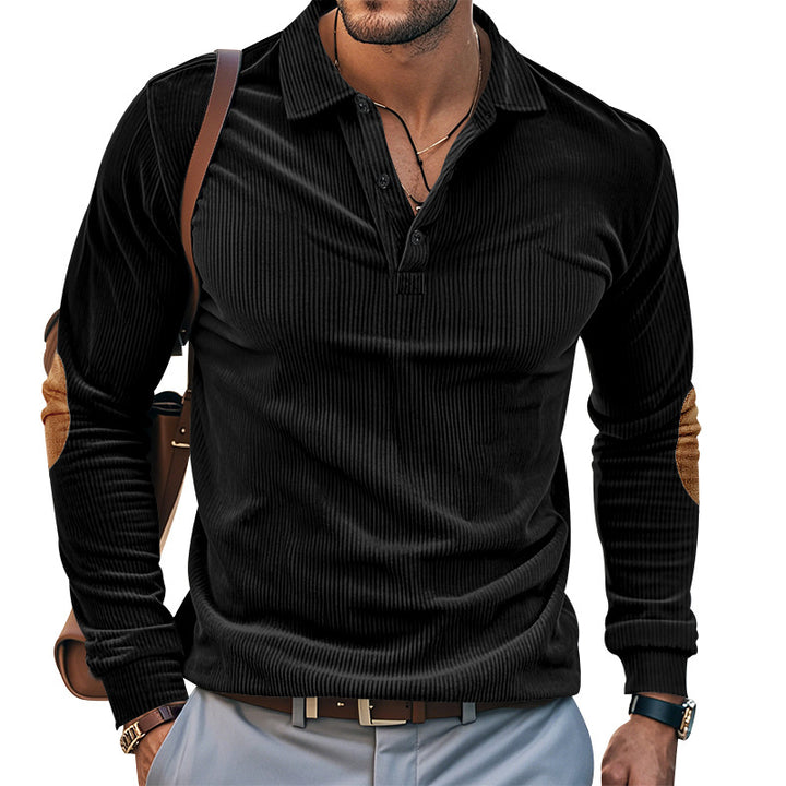 Herren lässiges Langarm-Henley-Shirt mit strukturiertem Rippenstoff und kontrastierenden Ellbogenpatches Drune
