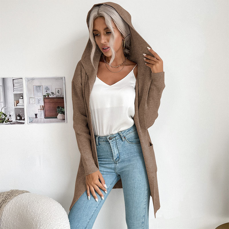 Damen lässiger Strickcardigan mit hohem Kragen und offenen Front Drune