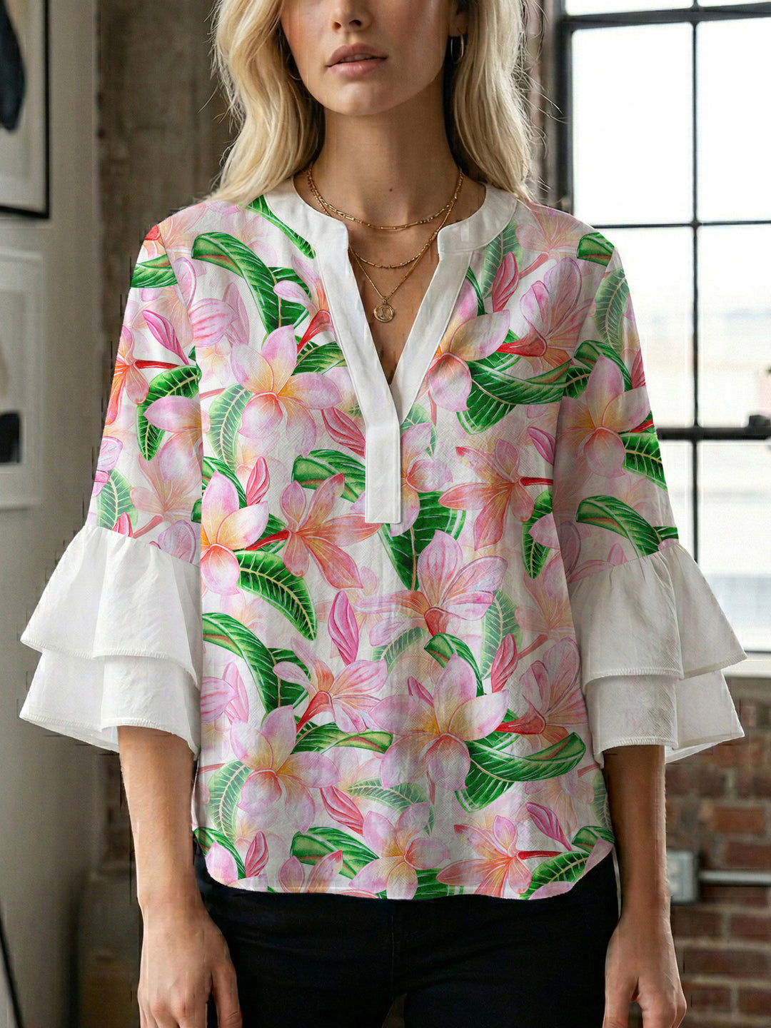 Damen Bluse mit voluminösen Rüschenärmeln und floralem Muster Drune