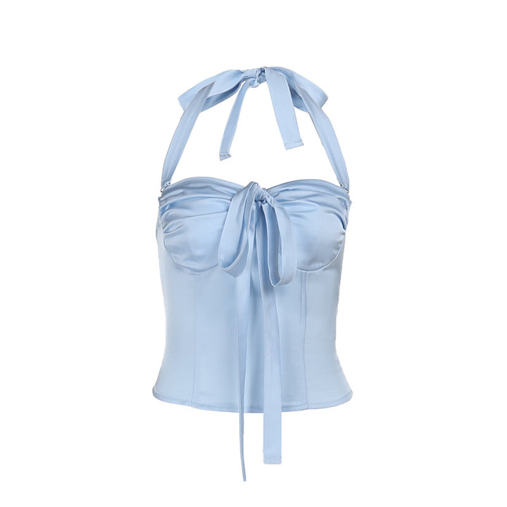 Damen Satin-Oberteil mit verspieltem Rüschendetail und dekorativem Bindeband Drune