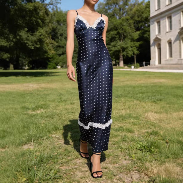 Damen Satin Nachthemd mit Spitzenapplikationen und Polka-Dots Drune