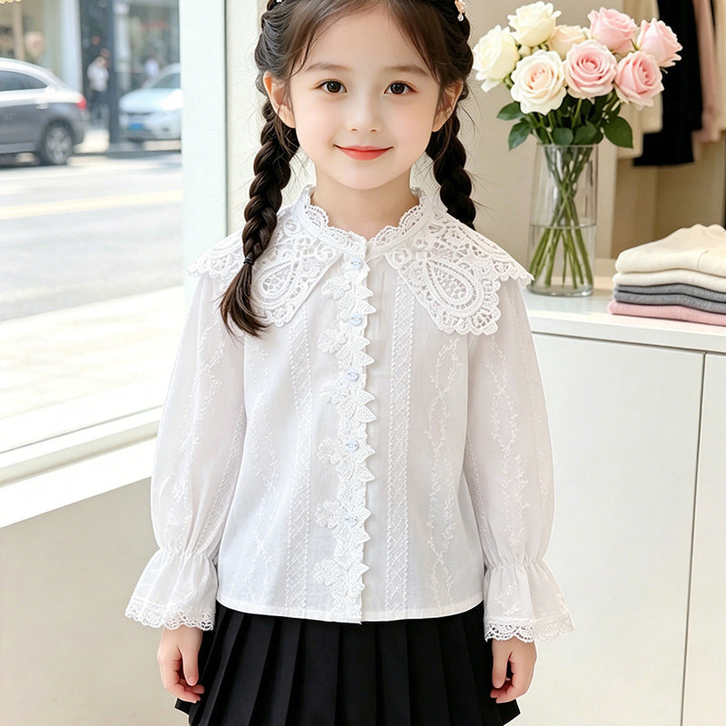 Mädchen elegante Bluse mit Rüschenkragen und Spitzenakzenten Drune