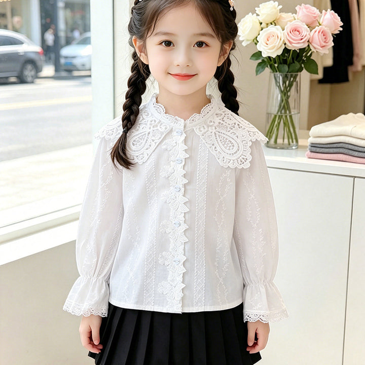 Mädchen elegante Bluse mit Rüschenkragen und Spitzenakzenten Drune