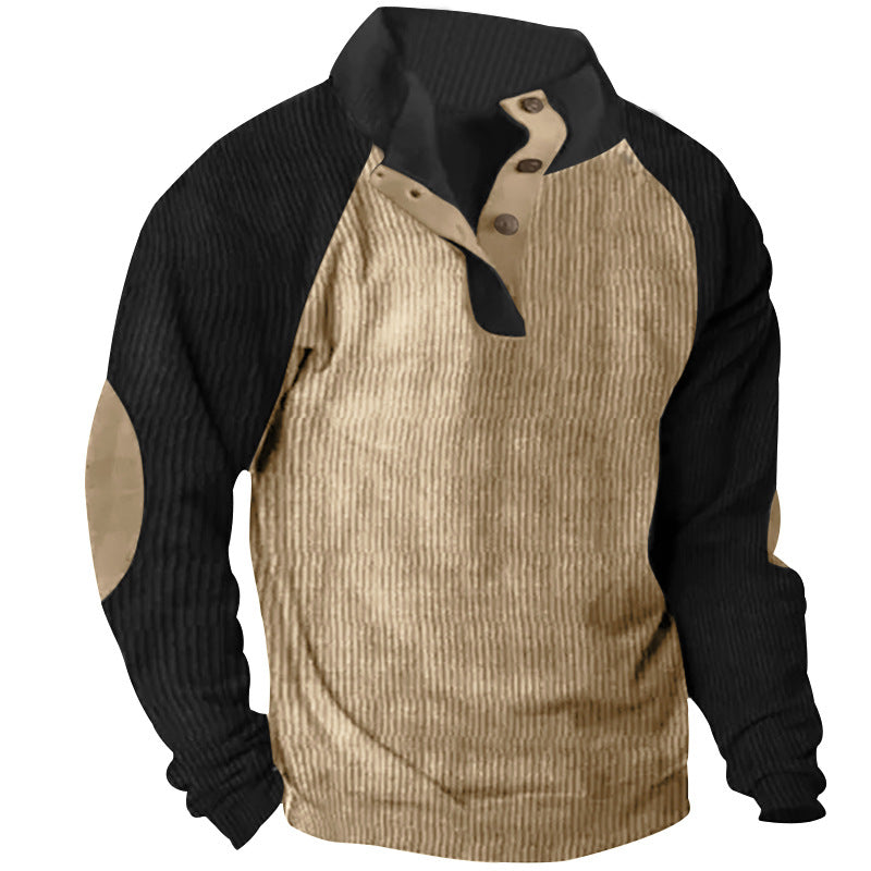 Herren nan strukturiertes Henley-Sweatshirt mit Stehkragen, Raglanärmeln und Ellbogenpatches Drune
