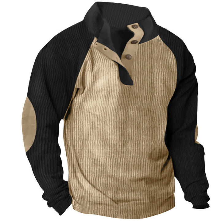 Herren nan strukturiertes Henley-Sweatshirt mit Stehkragen, Raglanärmeln und Ellbogenpatches Drune