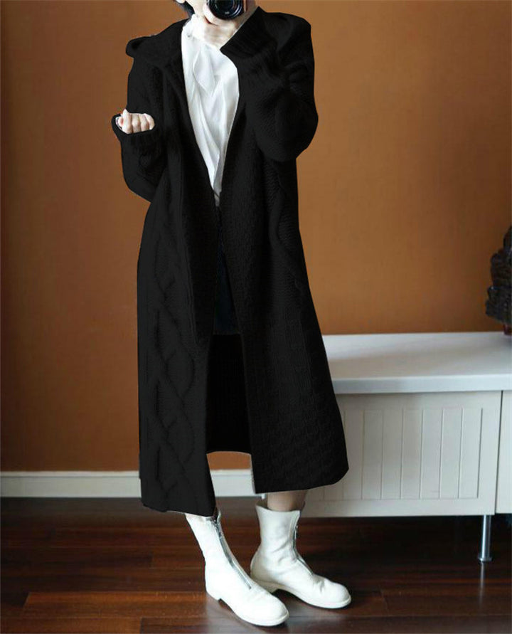 Damen Langer Strickmantel mit Kapuze und Kabelmuster Drune
