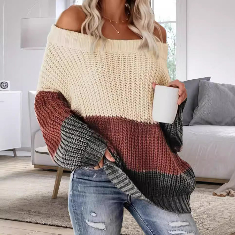 Damen Lässiger Overzise-Strickpullover mit Off-Shoulder-Ausschnitt und angesagtem Farbblockdesign Drune