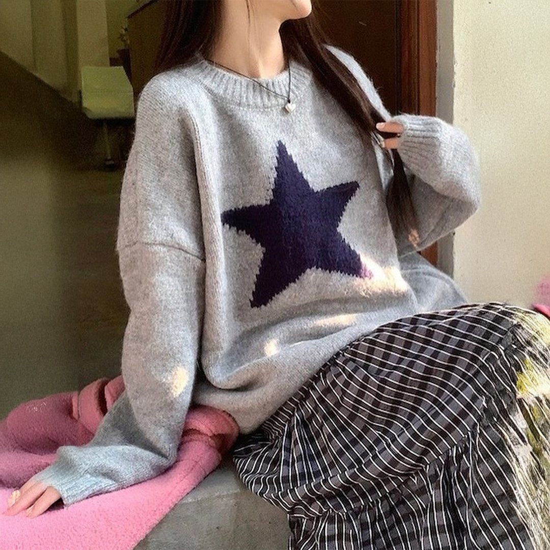 Damen nan oversized Strickpullover mit markantem Sternmotiv, Rundhalsausschnitt und gerippten Bündchen Drune