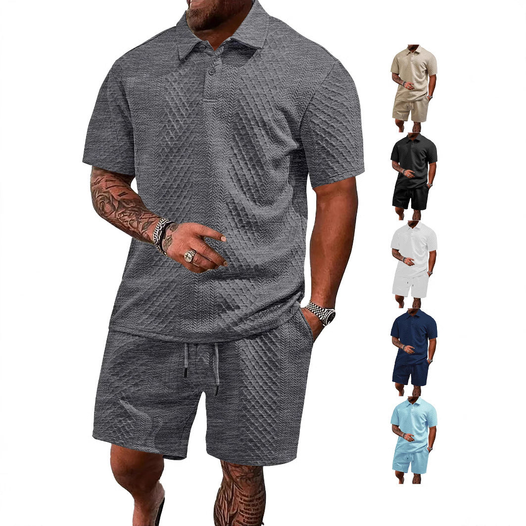 Herren nan geprägtes Waffel-Polo mit Kentkragen und elastischer Tunnelzugshorts im Set Drune
