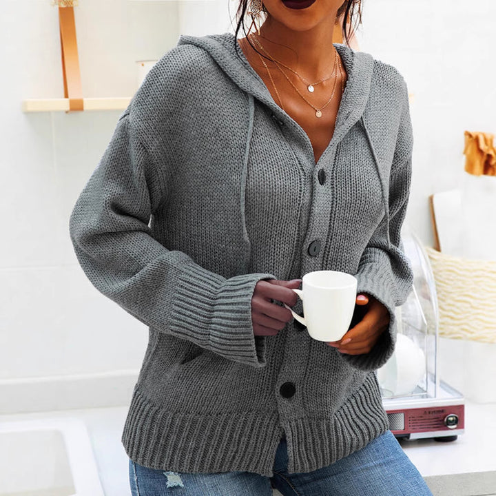 Damen Grobstrick-Cardigan mit Kapuze und Knopfdetails Drune