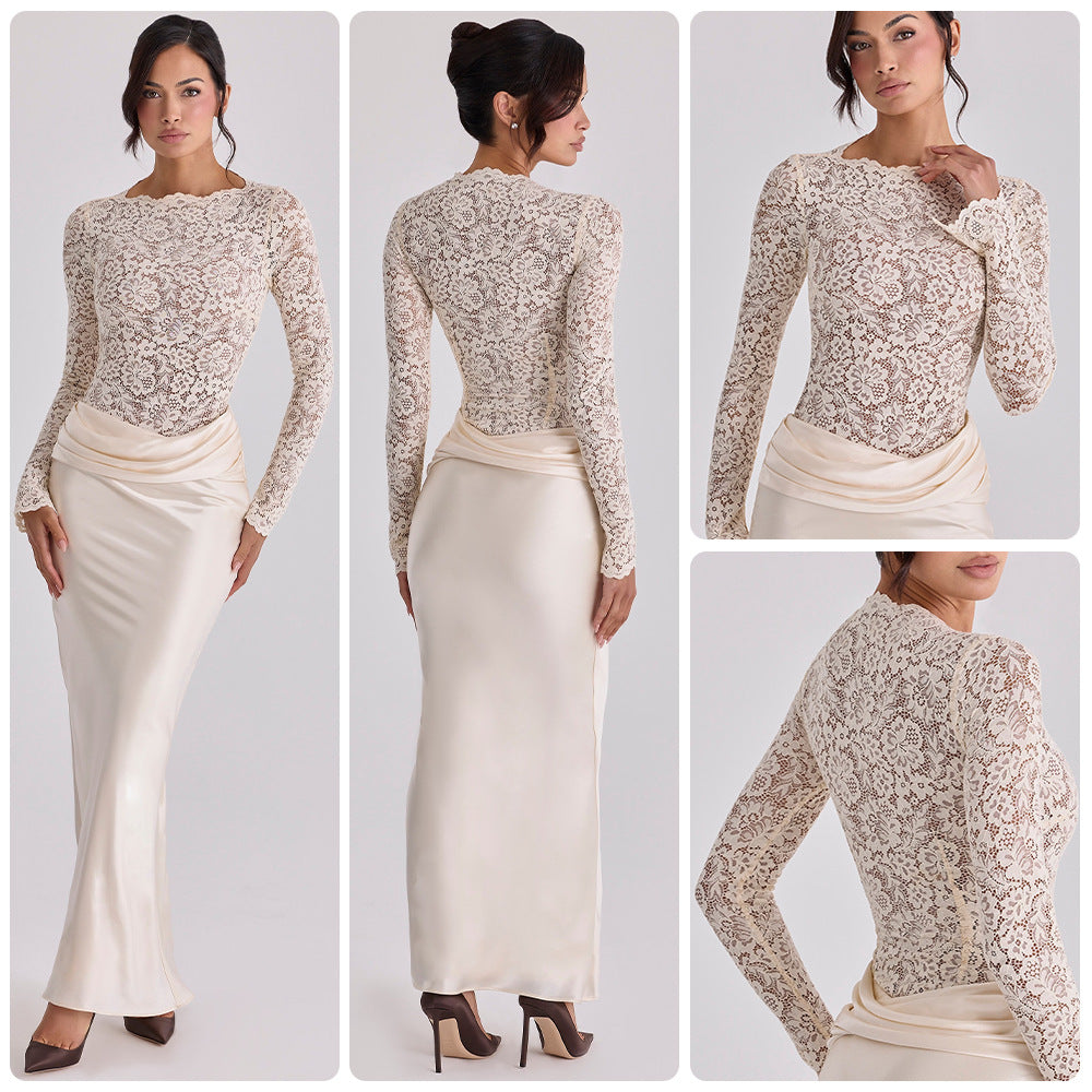Damen Elegante Spitzenbluse mit fließendem Satinrock Drune