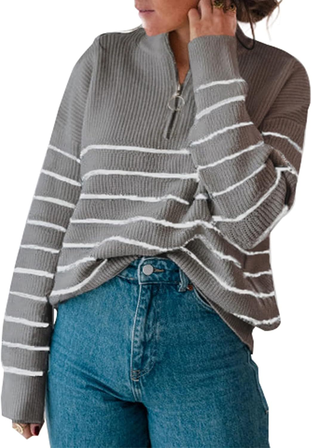 Damen gestreifter Pullover mit halbem Reißverschluss Drune