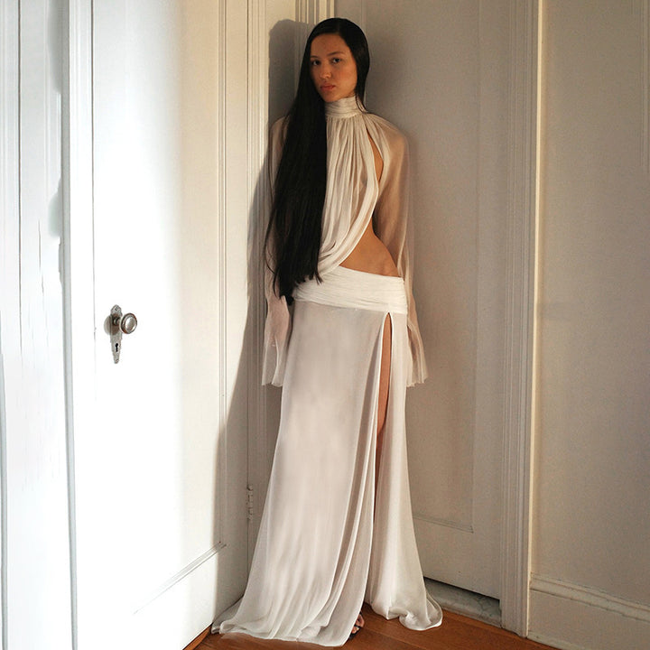 Damen elegantes Maxikleid mit durchscheinenden Ärmeln und seitlichem Schlitz Drune