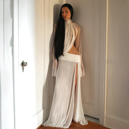 Damen elegantes Maxikleid mit durchscheinenden Ärmeln und seitlichem Schlitz Drune