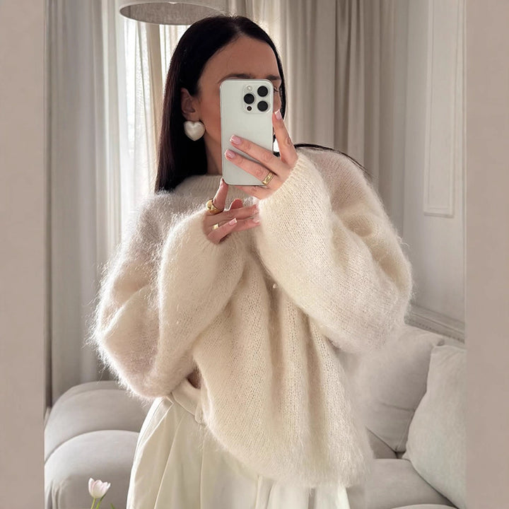 Damen lässiger Strickpullover mit voluminösen Ärmeln und hochwertiger Mohair-Optik Drune