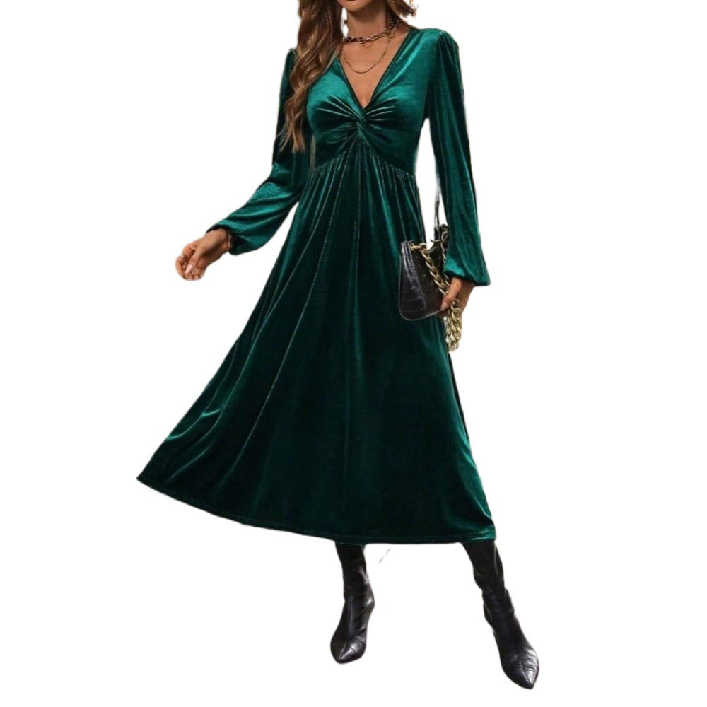 Damen Samt Midi-Kleid mit elegantem Wickeldesign und tiefem V-Ausschnitt Drune
