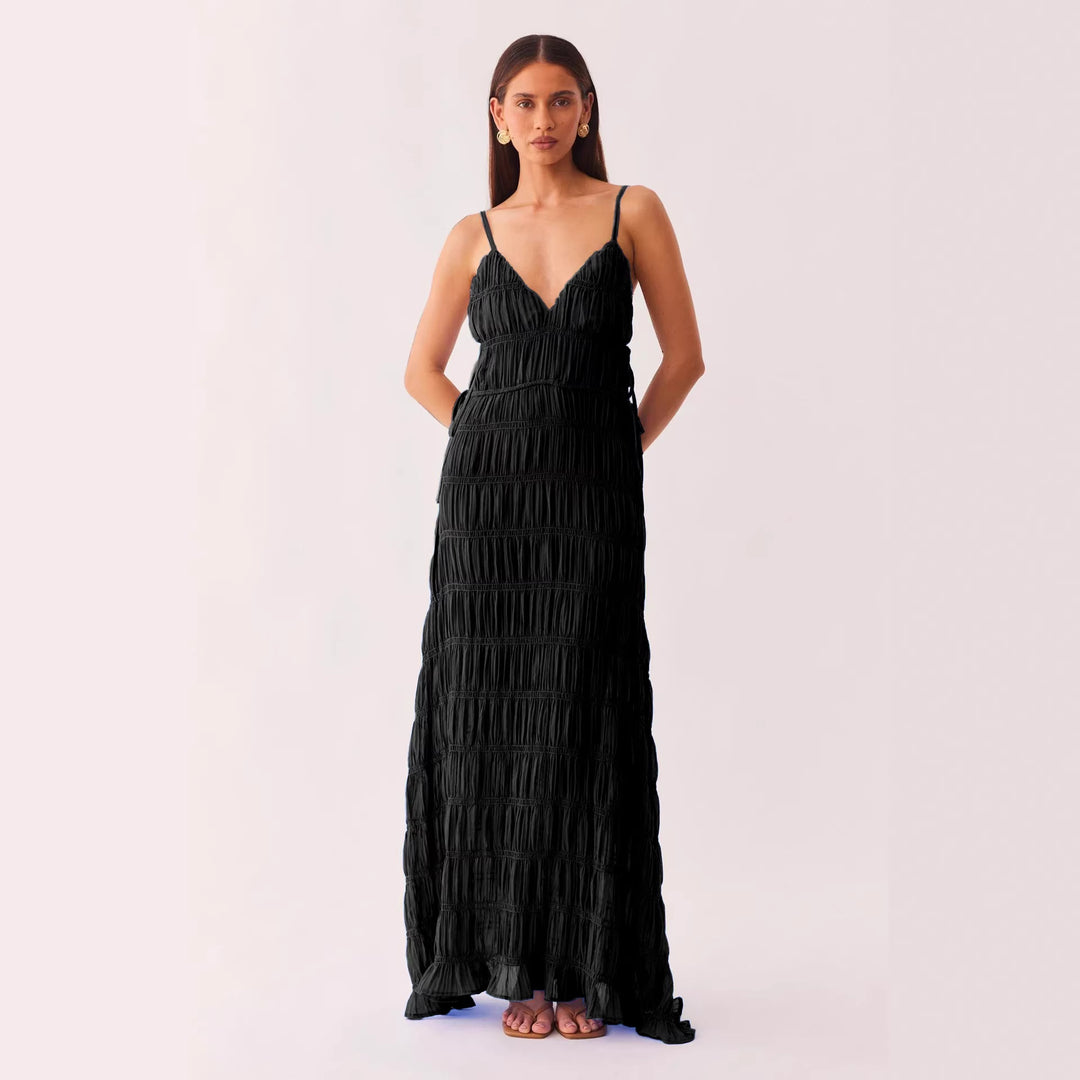 Damen Maxikleid mit raffiniertem Rüschendesign und tiefem V-Ausschnitt Drune