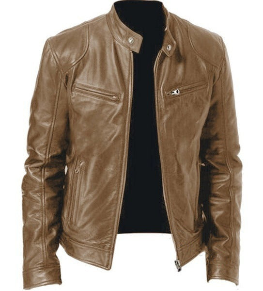 Herren nan vintage-inspirierte Lederjacke im Bikerstil mit Stehkragen und sichtbaren Reißverschlüssen Drune