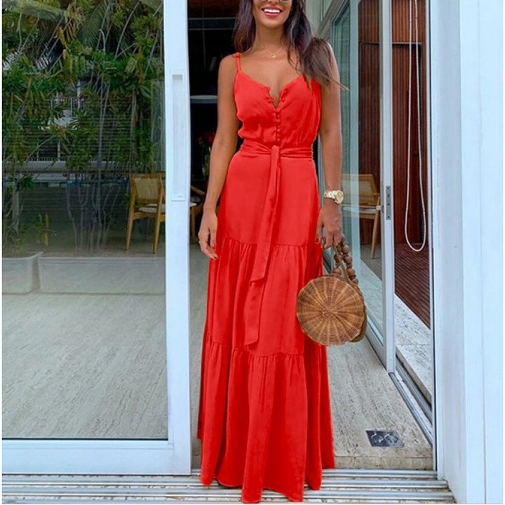 Damen Maxi-Kleid mit knöpfbarem Ausschnitt und Taillengürtel Drune