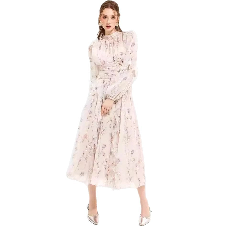 Damen Maxikleid mit floralen Rüschen und Halsbündchen Drune