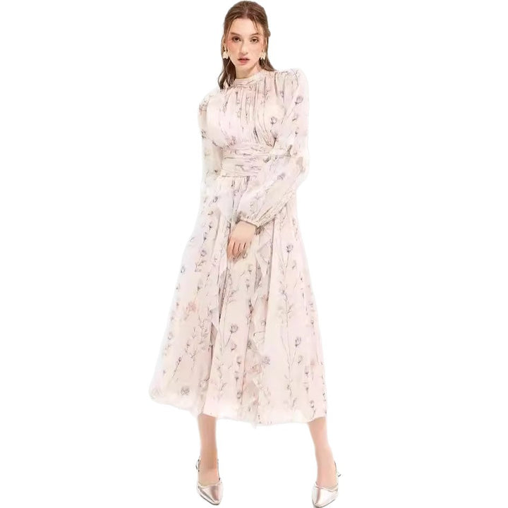 Damen Maxikleid mit floralen Rüschen und Halsbündchen Drune