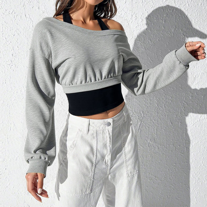 Damen cropped Sweatshirt mit offener Schulter und elastischem Bund Drune