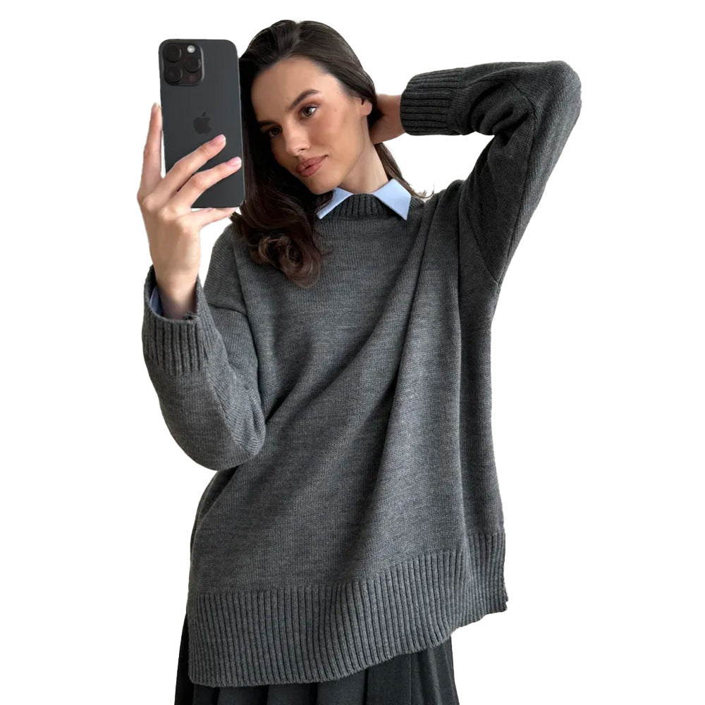 Damen Bequemer und eleganter Strickpullover mit seitlichem Schlitz Drune