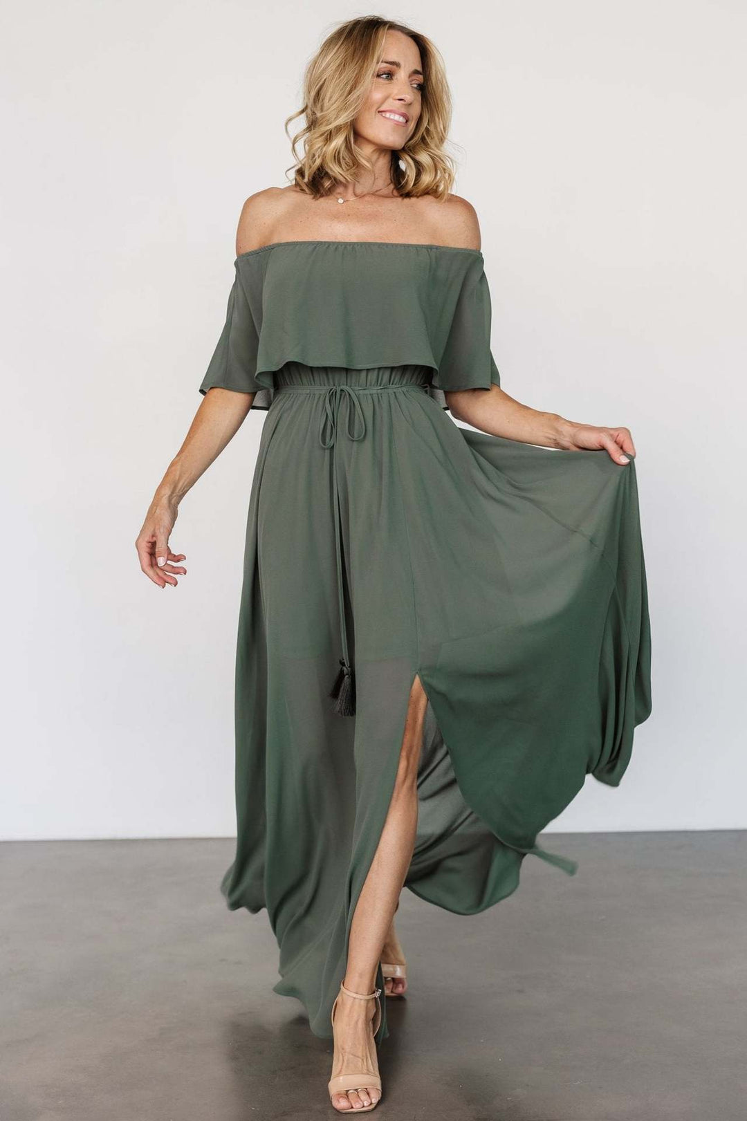 Damen elegantes Maxi-Kleid mit Off-Shoulder Design und seitlichem Schlitz Drune